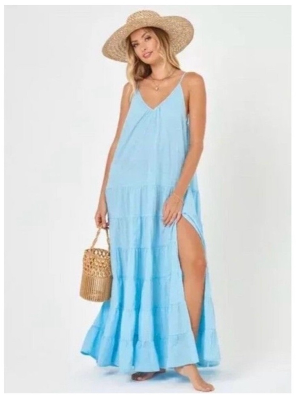 l*space Goldie Cover Up - Light Blue Tiered V-Neck Maxi Coverup with Side Slit